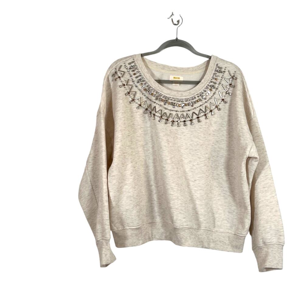Anthropologie Maeve Embellished Rhinestone Beaded Collar Sweatshirt Large Flaw